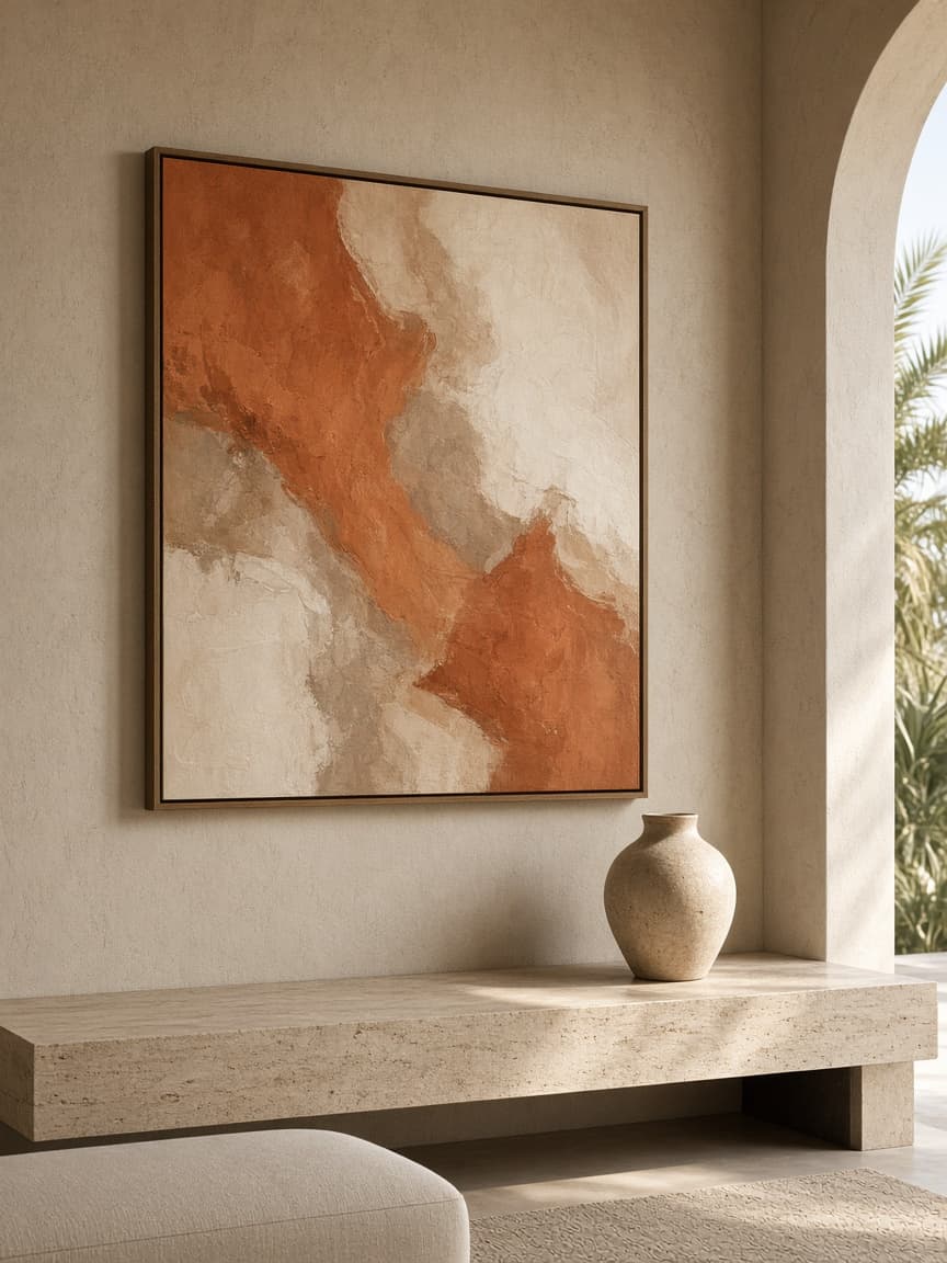 Framed warm abstract painting above a console