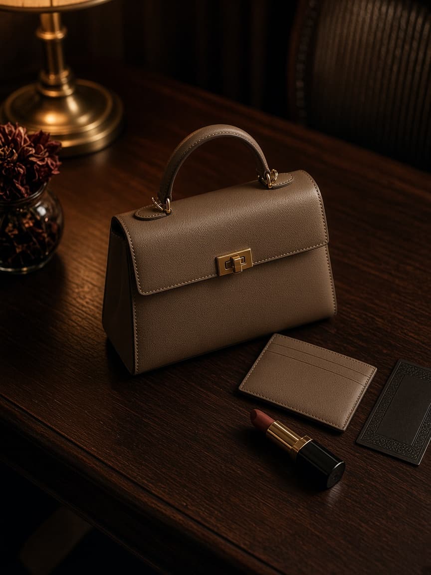 Small taupe evening bag on a hotel desk with lipstick