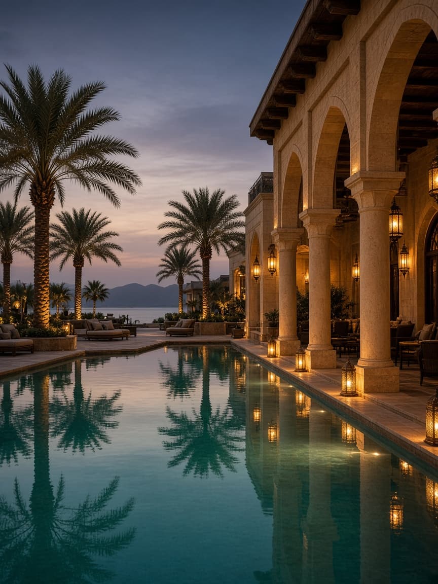 Resort pool at dusk with palms and warm lantern light