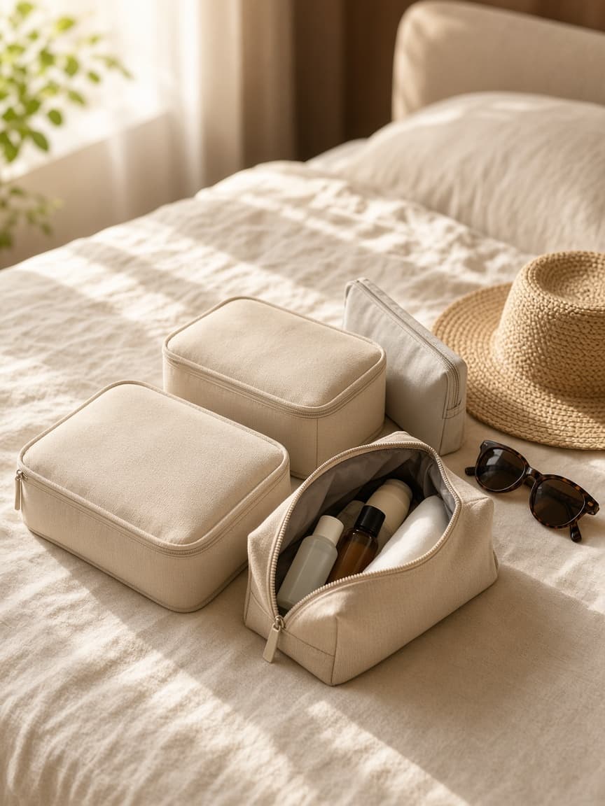 Beige packing cubes on a hotel bed