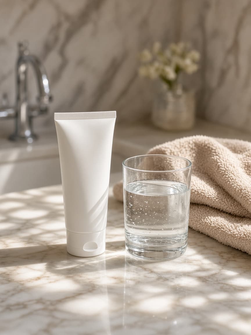 White sunscreen tube on a sunlit marble bathroom counter
