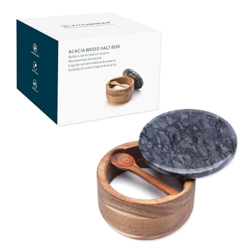 KITCHENDAO Large Acacia Salt Cellar Box Bowl with Built-in Spoon and Mar